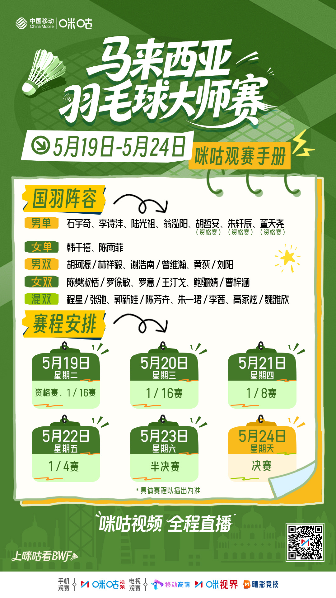 2026年马来西亚羽毛球大师赛🥁今日10:00开赛🏸国羽天团继续出击📅5/