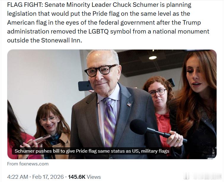 参议院少数党领袖查克·舒默正计划推动一项立法，使彩虹旗在联邦政府眼中与美国国旗享
