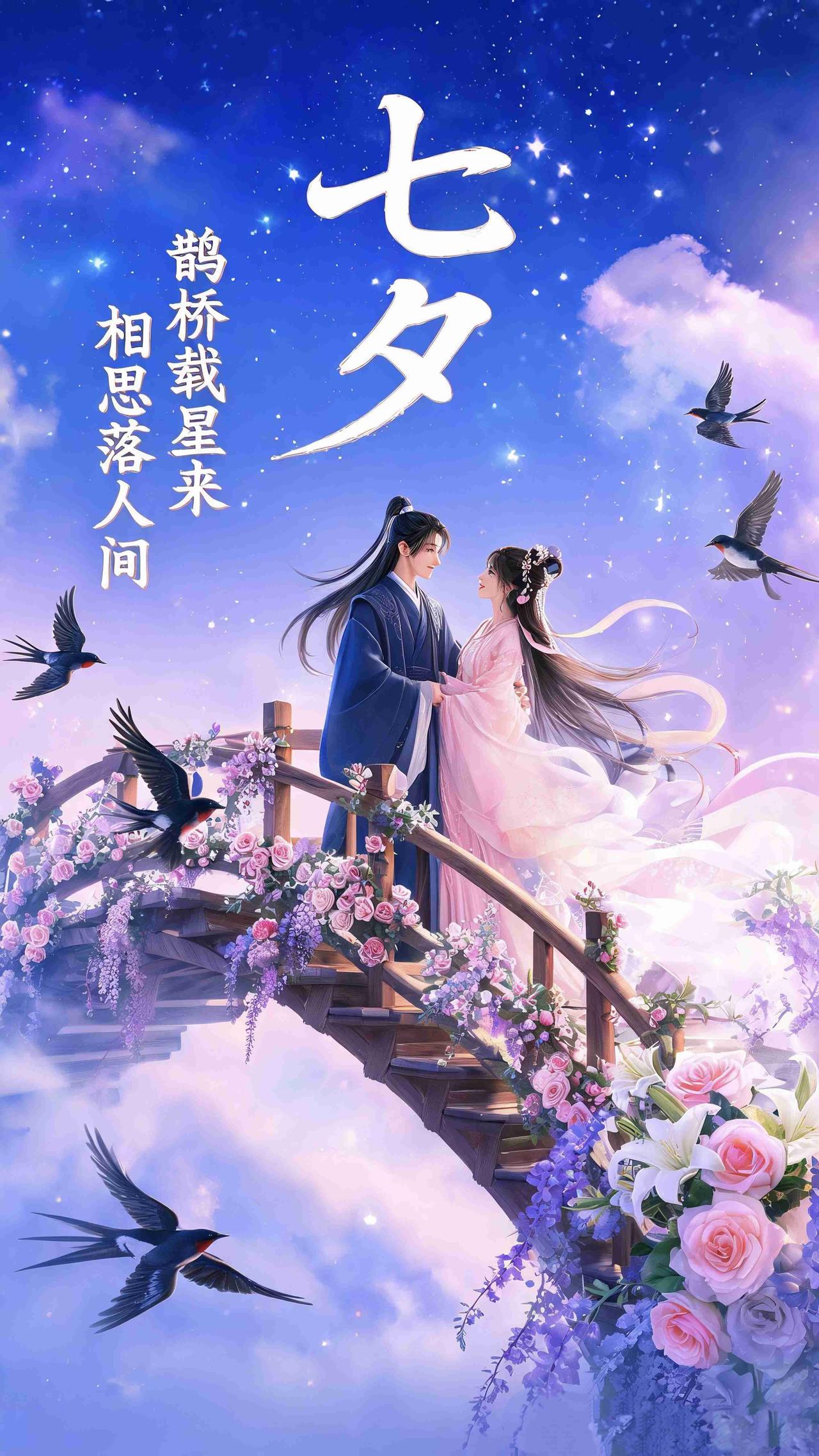 《七夕》
 
银汉迢迢夜色柔，双星相望几千秋。
一弯月照相思意，万里风牵别恨愁。