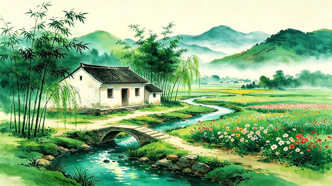 上联：房前小溪流水，
下联：屋后翠竹鲜花。