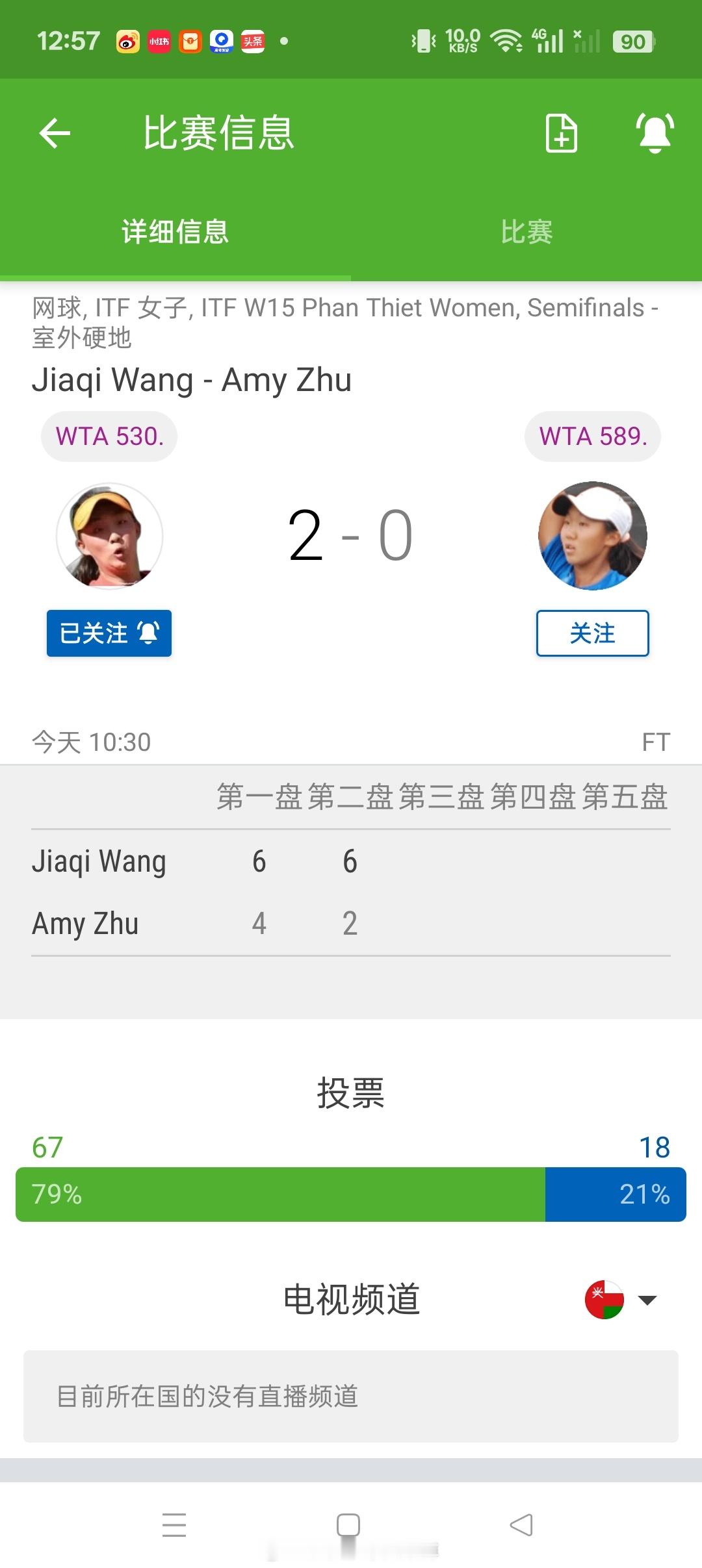 【🇻🇳藩切W15四】女单半决赛王佳祺🇨🇳以6-46-2击败🇺🇸球员朱