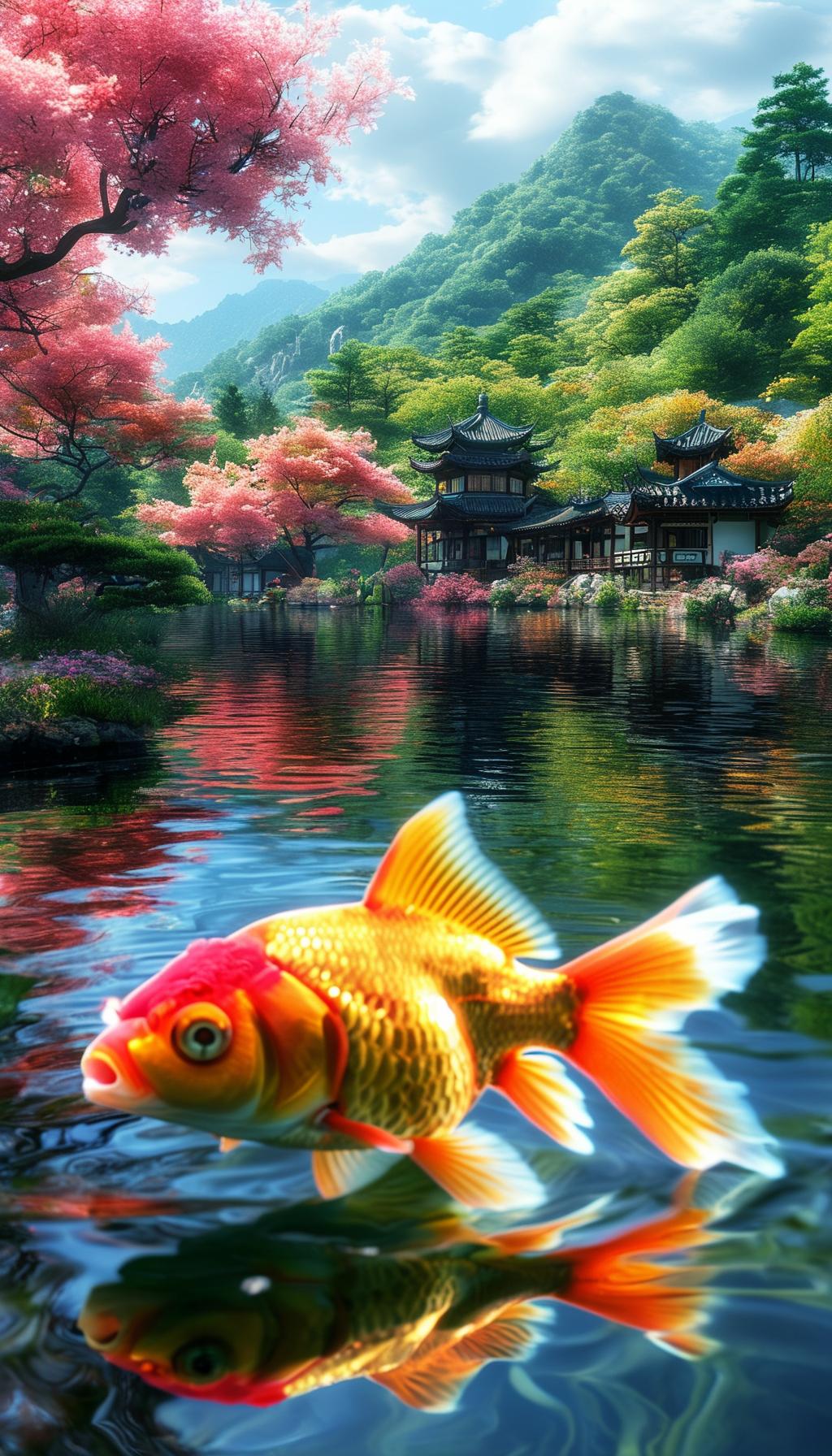 锦鲤跃动在山水间，那画面真是静谧与生机交织，美得让人沉醉。
就像河南漯河宋庄村，