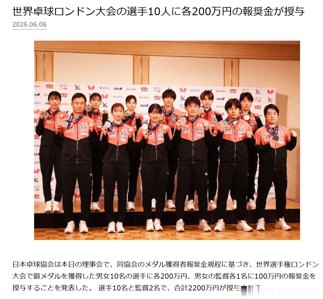 ITTF伦敦世乒赛2026张本智和 260606  JTTA将发放世乒银牌奖金，