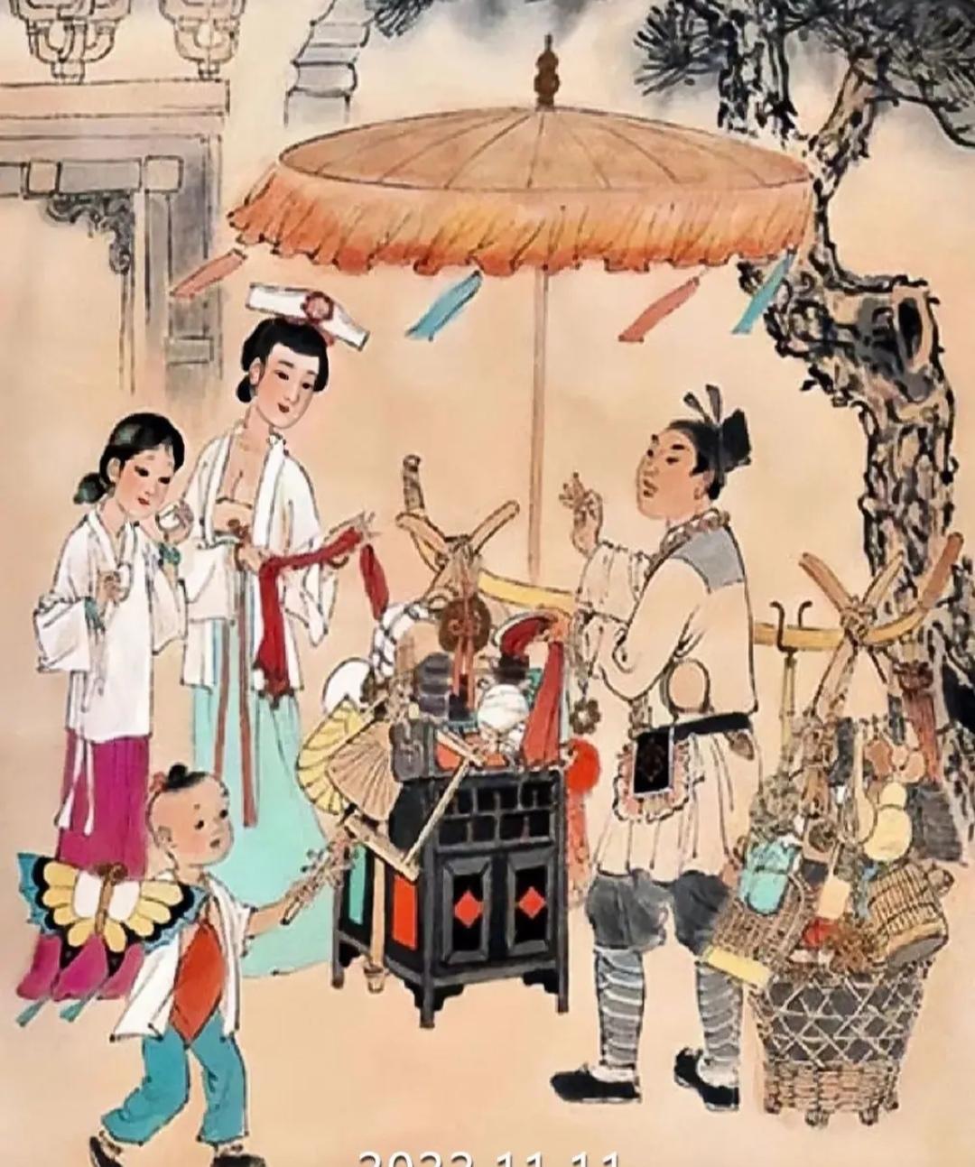 上联，？？？

下联，针头线脑，布衣古柳货郎摊