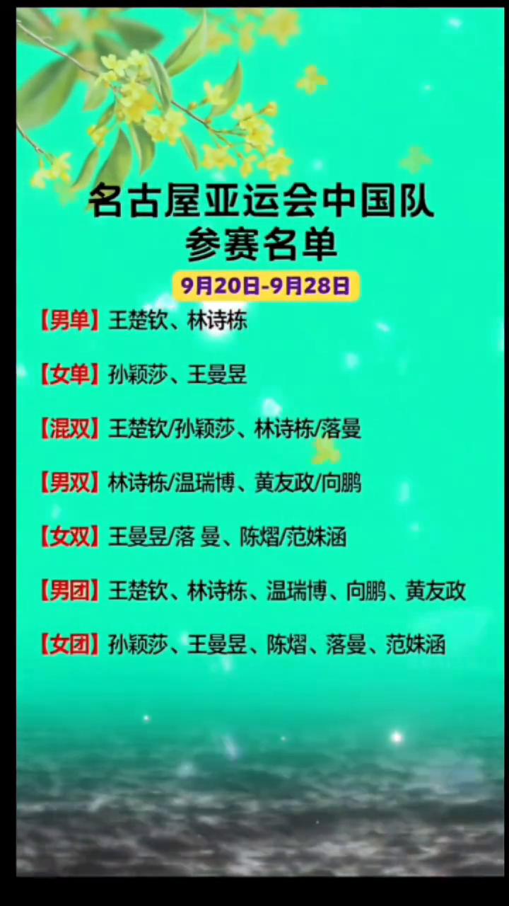 名古屋亚运会中国队参赛名单。
9月20日-9月28日。
·男单：王楚钦、林诗栋。