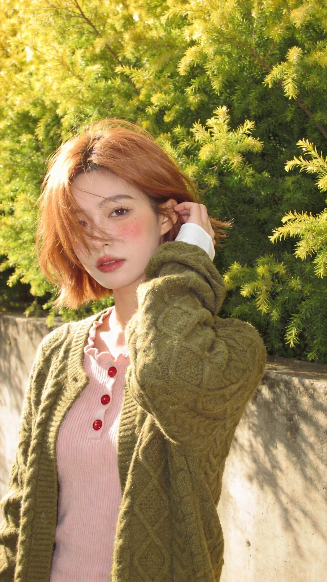 暖调的阳光像融化的黄油，漫过绿意盎然的灌木丛，在水泥矮墙上投下斑驳的光...