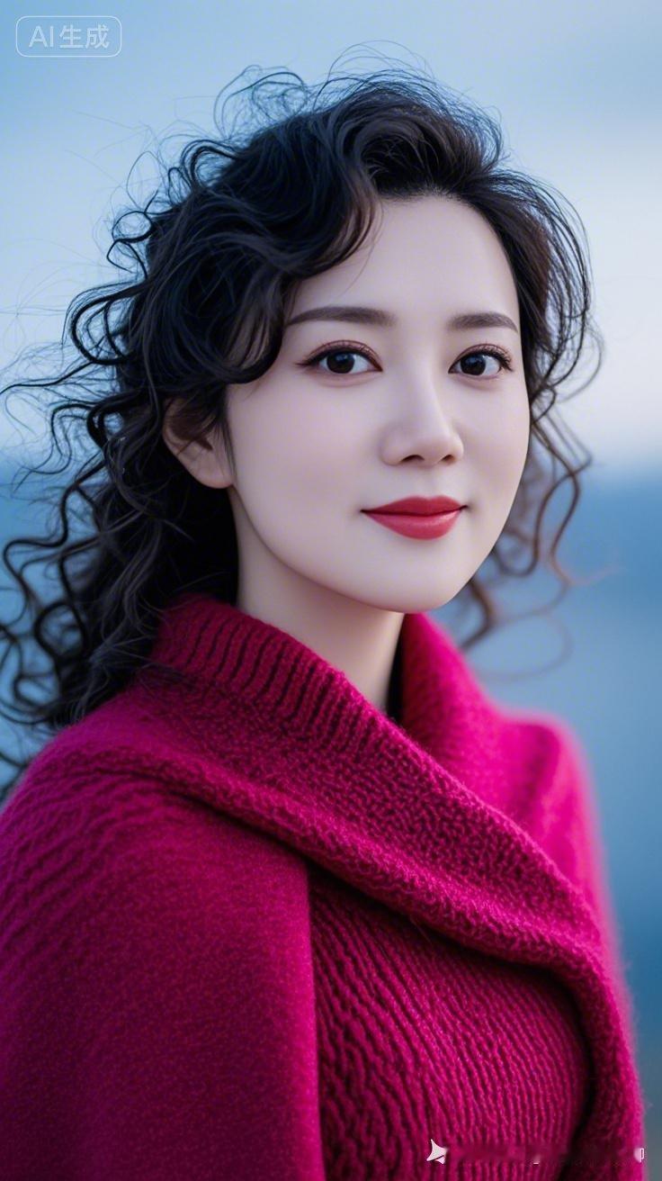 气质美女，蓬松长卷发轻柔垂落，水红色毛衣裙外搭深水红披肩，唯美优雅。