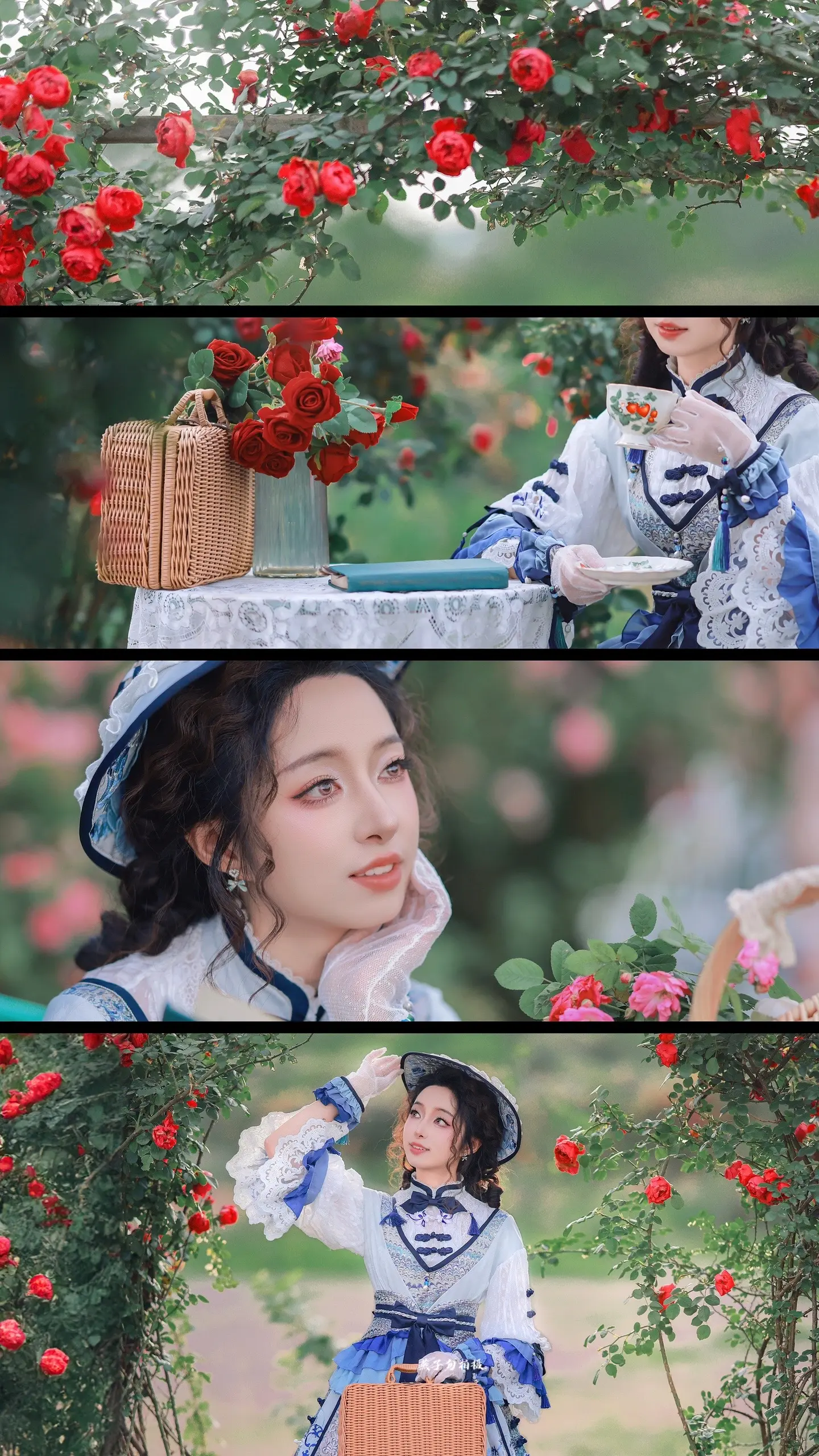 青花瓷与红玫瑰乐园～小姐姐自带的青花瓷lo裙真的是一眼爱上～正好到了红玫瑰与格桑花盛开的季节～拍照好好看