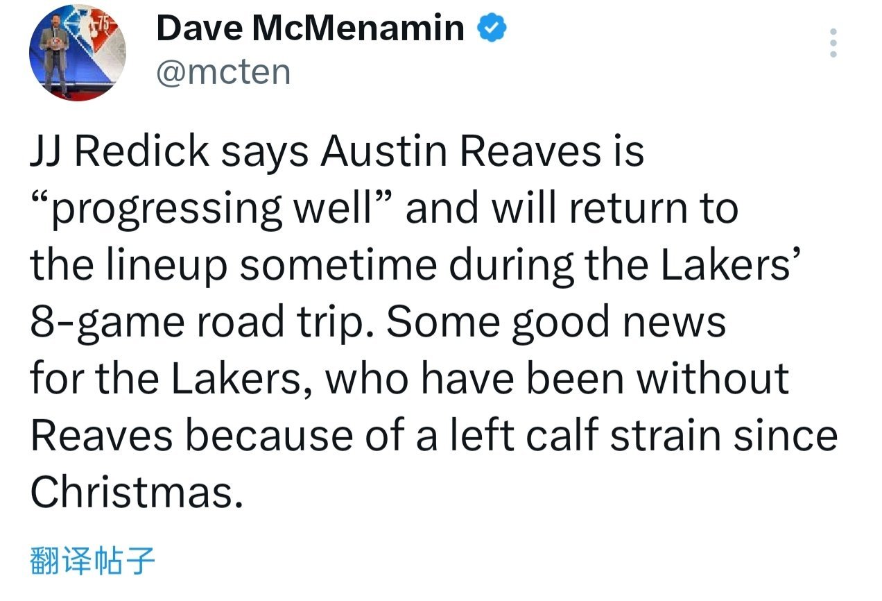 赛前，雷迪克接受采访表示，里夫斯的恢复情况进展顺利，他将在湖人接下来的八场客场之