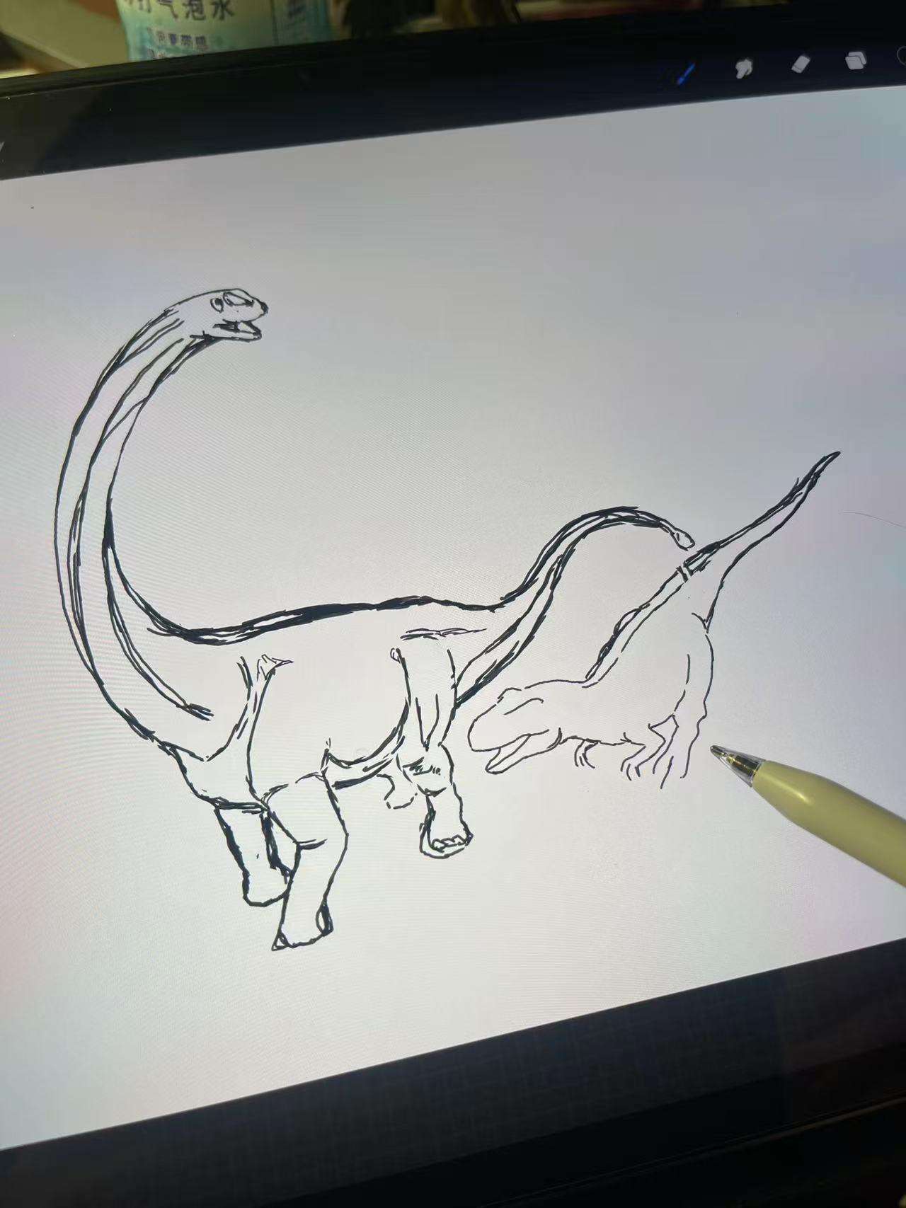 开个新稿，恐龙打架！
昨晚上起了个新的线稿，这次打算画恐龙打架，也就是两只恐龙互