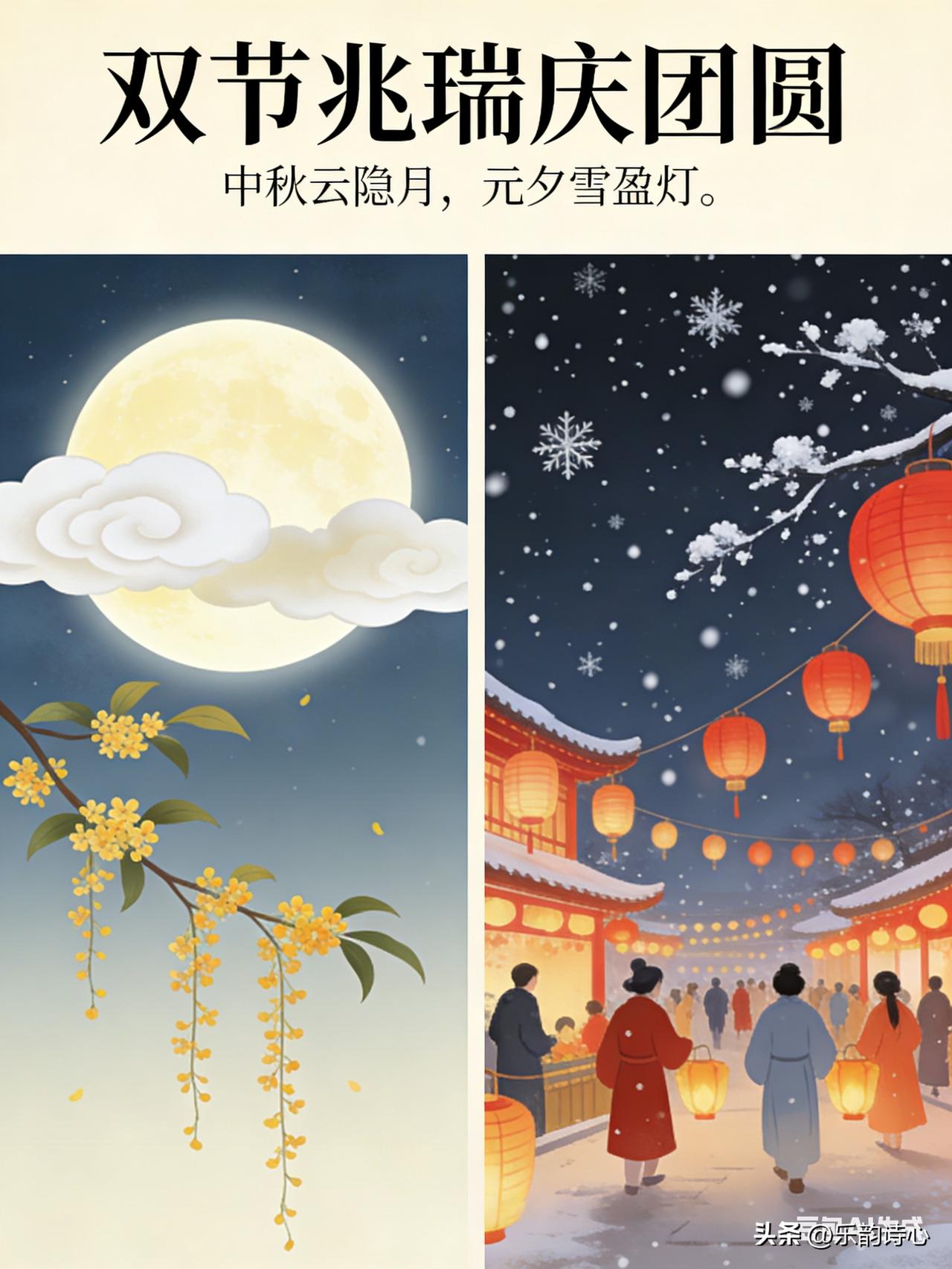 《双节兆瑞庆团圆》乐韵诗心原创诗词:
中秋云隐月，元夕雪盈灯。
方院欢歌绕，阖家