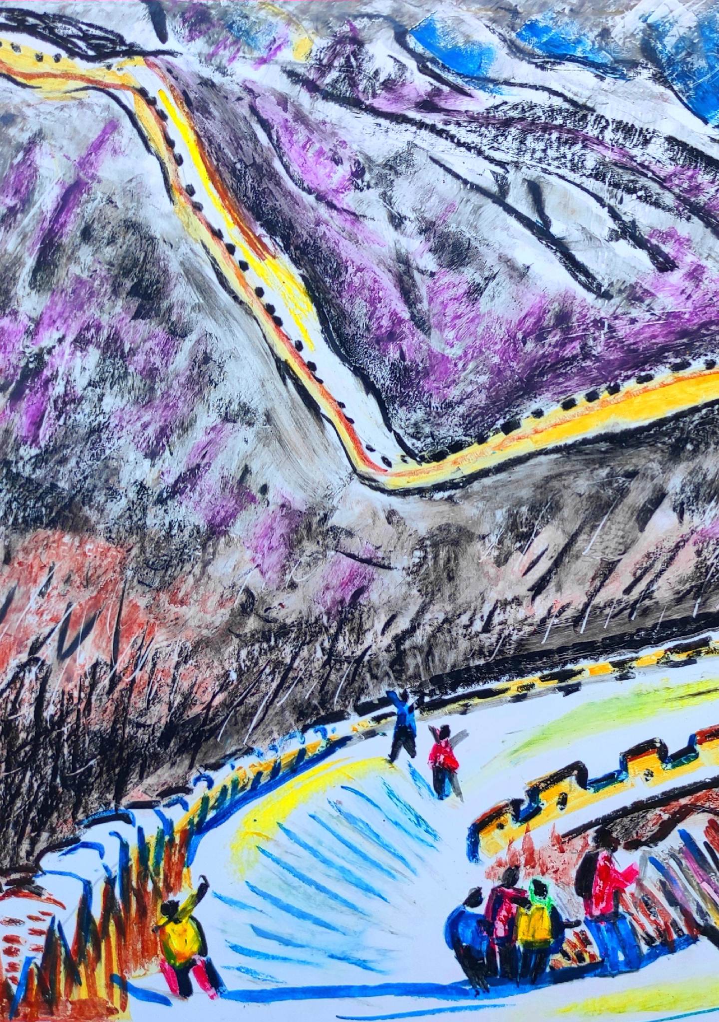 登高望远。蛇年雪映长城月，游子心牵险峰云。