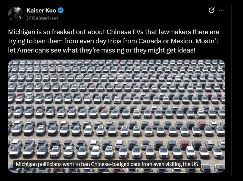 害怕美国人看到中国车，美国俩政客想出一个馊主意，就是要禁止加拿大和墨西哥人开着中