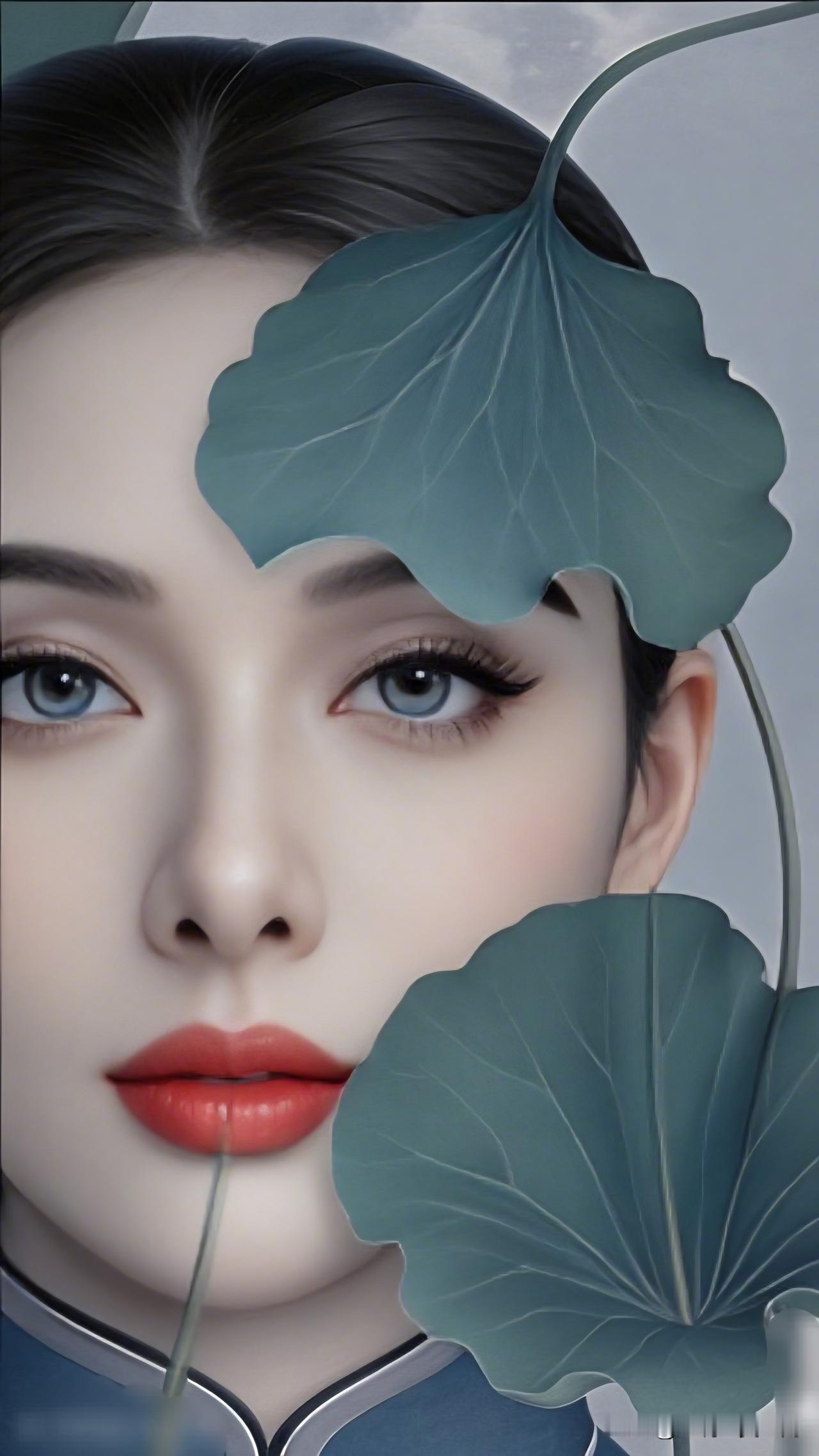 梦幻蓝叶与冷艳红唇的完美结合，宛如画中仙子。随手一拍的氛围感