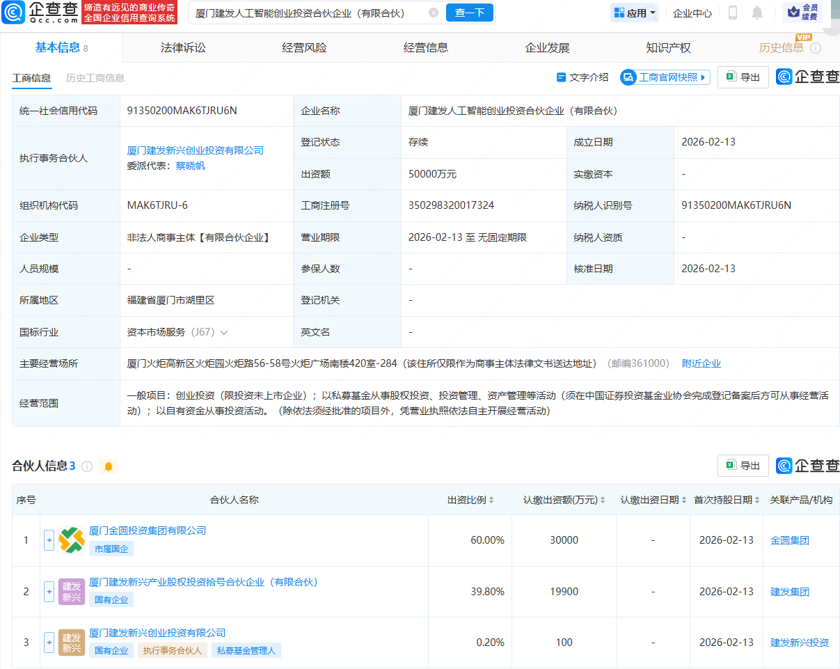 厦门国资成立人工智能创投合伙企业