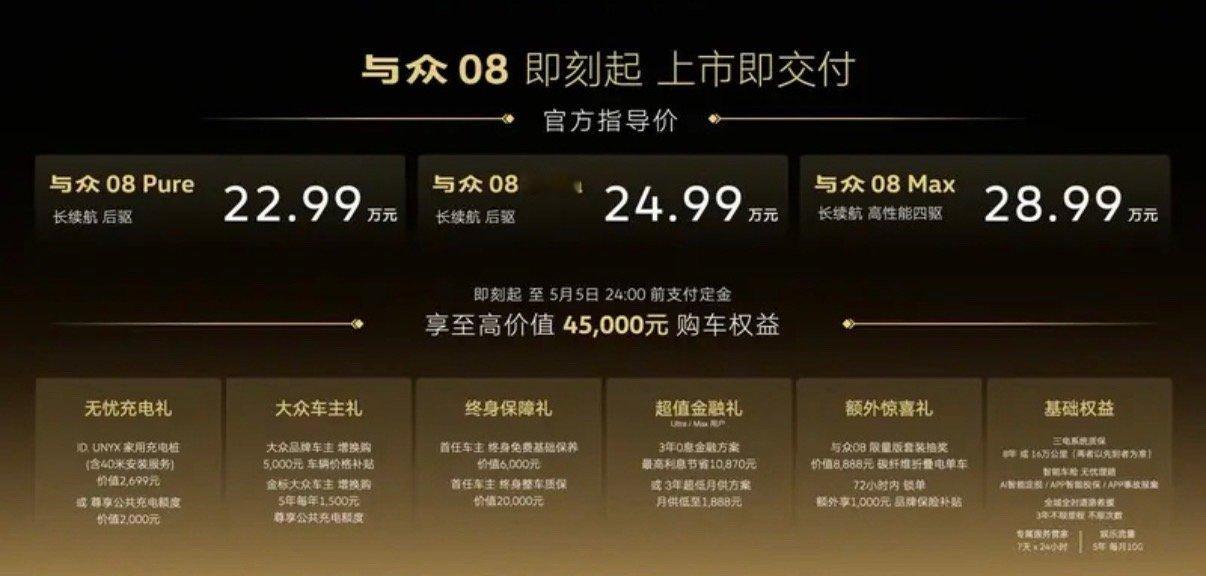 【大众与众08上市 售22.99万元起】 4月16日，大众与众08正式上市，售价