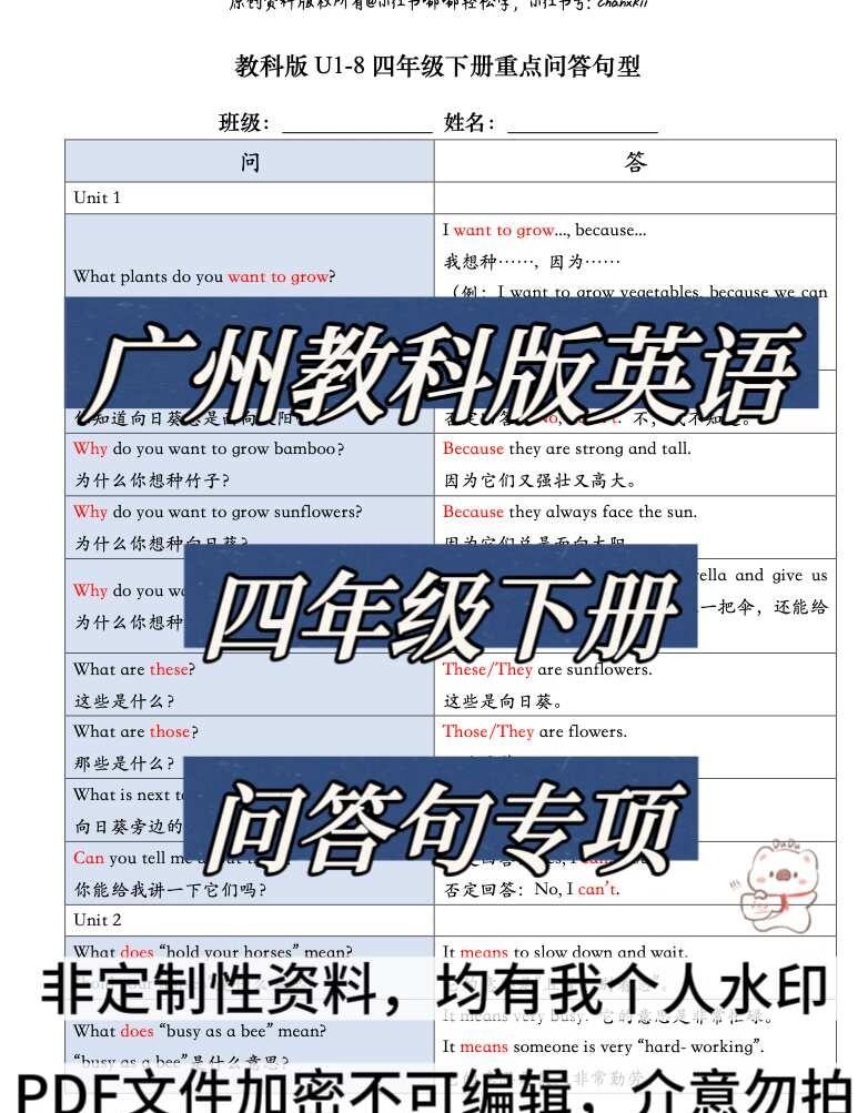 广州教科版英语四年级下册｜问答句专项练习
终于抽空整理完工！广州教科版四年级下册