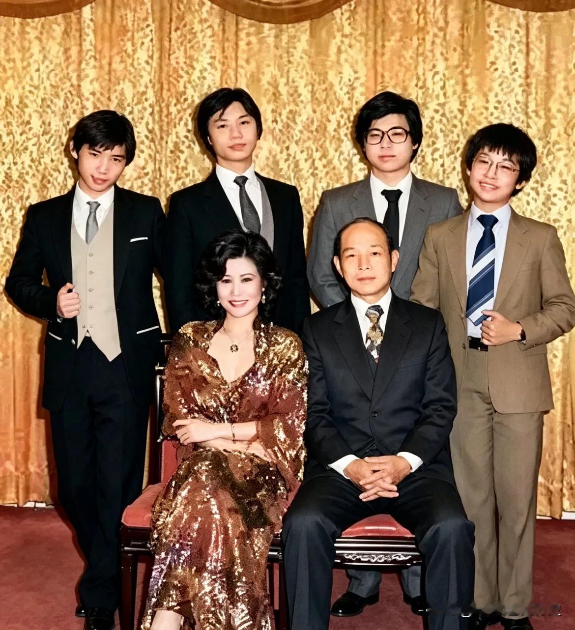 在这张正式的家庭合影中，端坐在中央的是爱国实业家霍英东和三太太林淑端。他们身后站