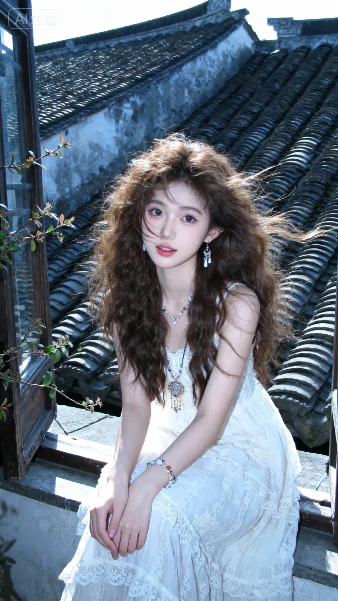 真实摄影，亚洲美少女薇薇，棕色蓬松长发，穿着白色蕾丝长裙，坐在中式老房的瓦片屋顶