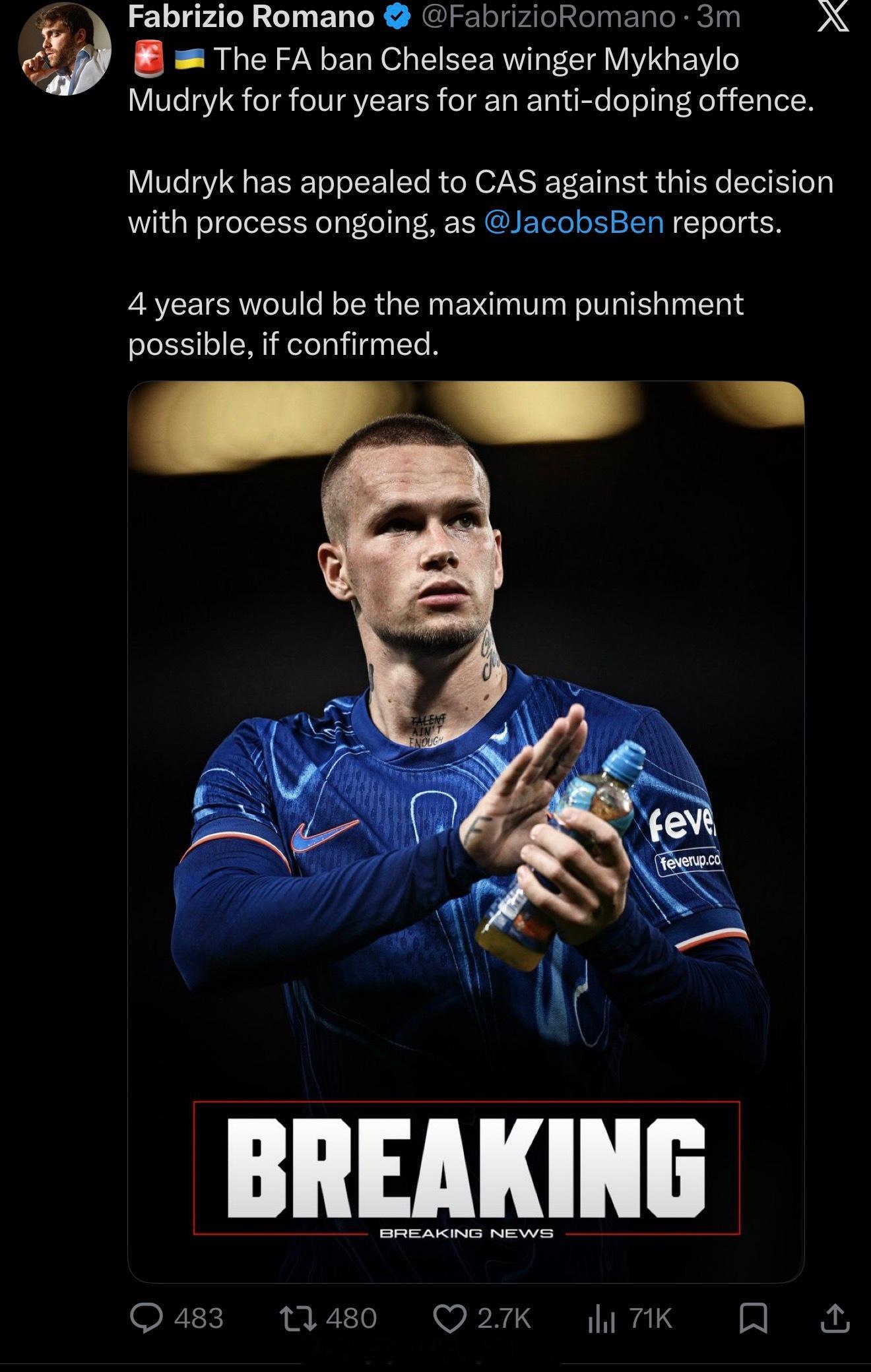 切尔西球员遭顶格处罚禁赛四年这名字怎么念？车子边锋？反兴奋剂犯罪（服药还是拒绝药