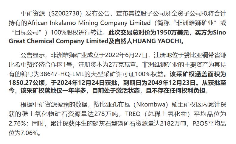 赞比亚政府刚宣布禁止原矿出口，中矿资源就把手里的非洲雄狮矿业股权转让了出去，接盘