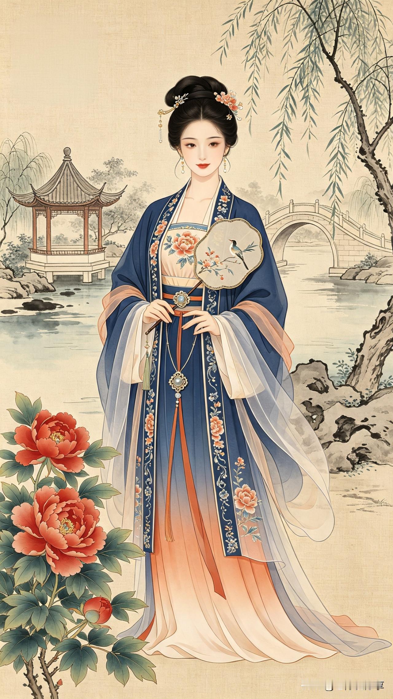 鹧鸪天·古韵佳人

翠袖蓝裳映碧漪，牡丹红绽柳丝垂。
亭台水榭含烟景，桥影波光入