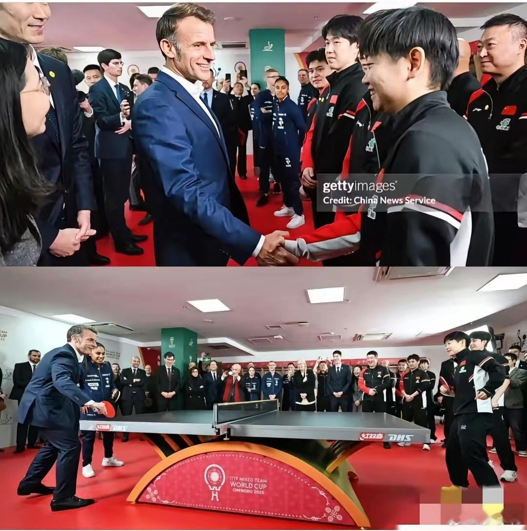 马克龙也喊孙颖莎莎莎看得出来，马克龙也是莎莎的粉丝，来到成都直接喊着莎莎的名字，