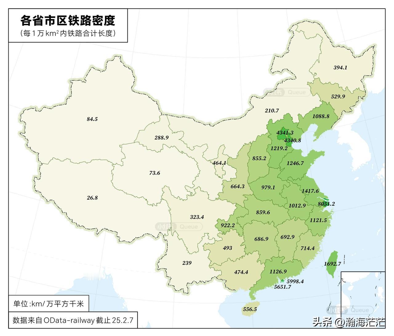 2025年2月各省铁路密度。在网上看到这样一个数据，每万平方公里铁路合计长度被称