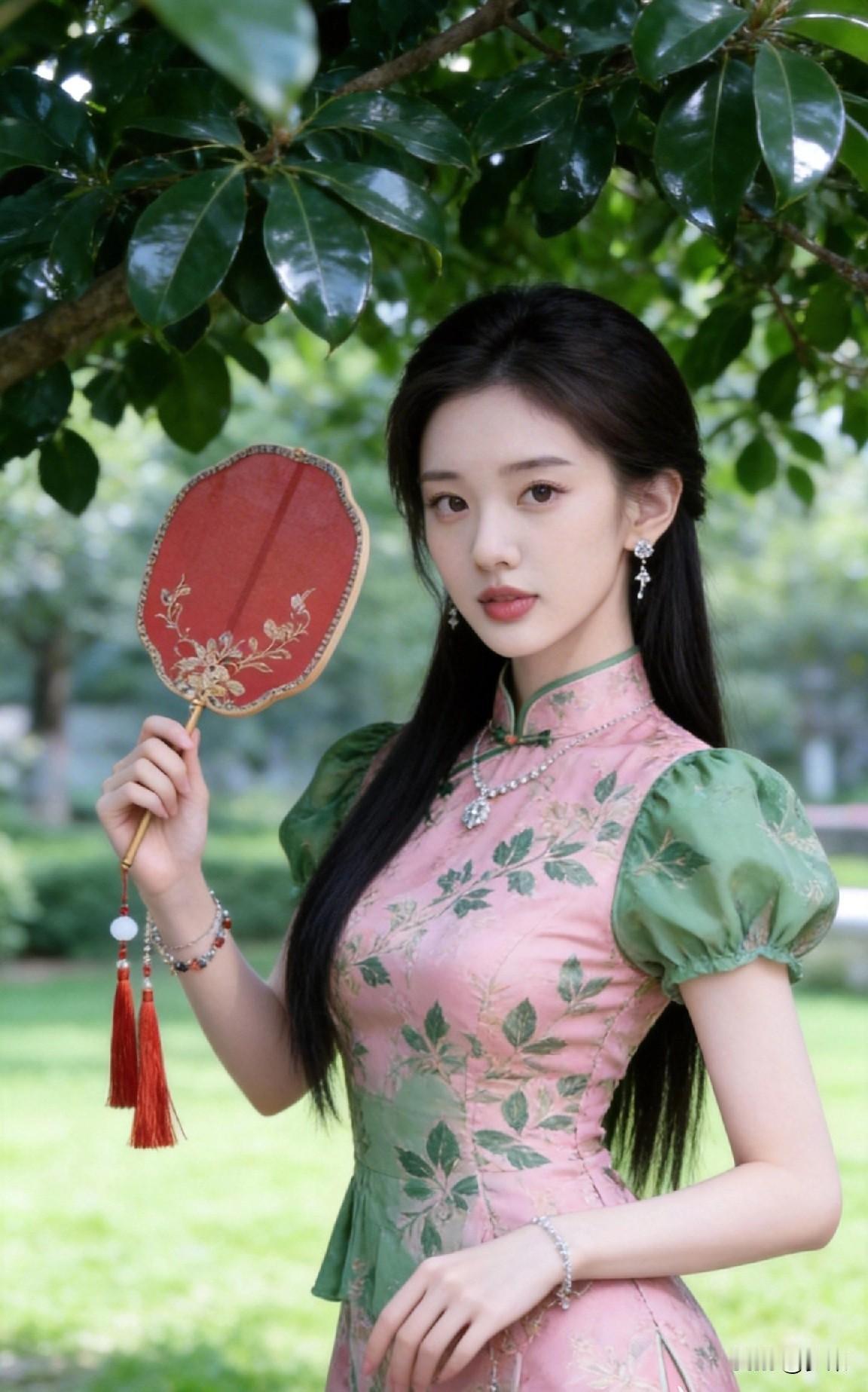 优雅绿裙少女，置身自然之中，尽显清新自然之美！绿花旗袍少女