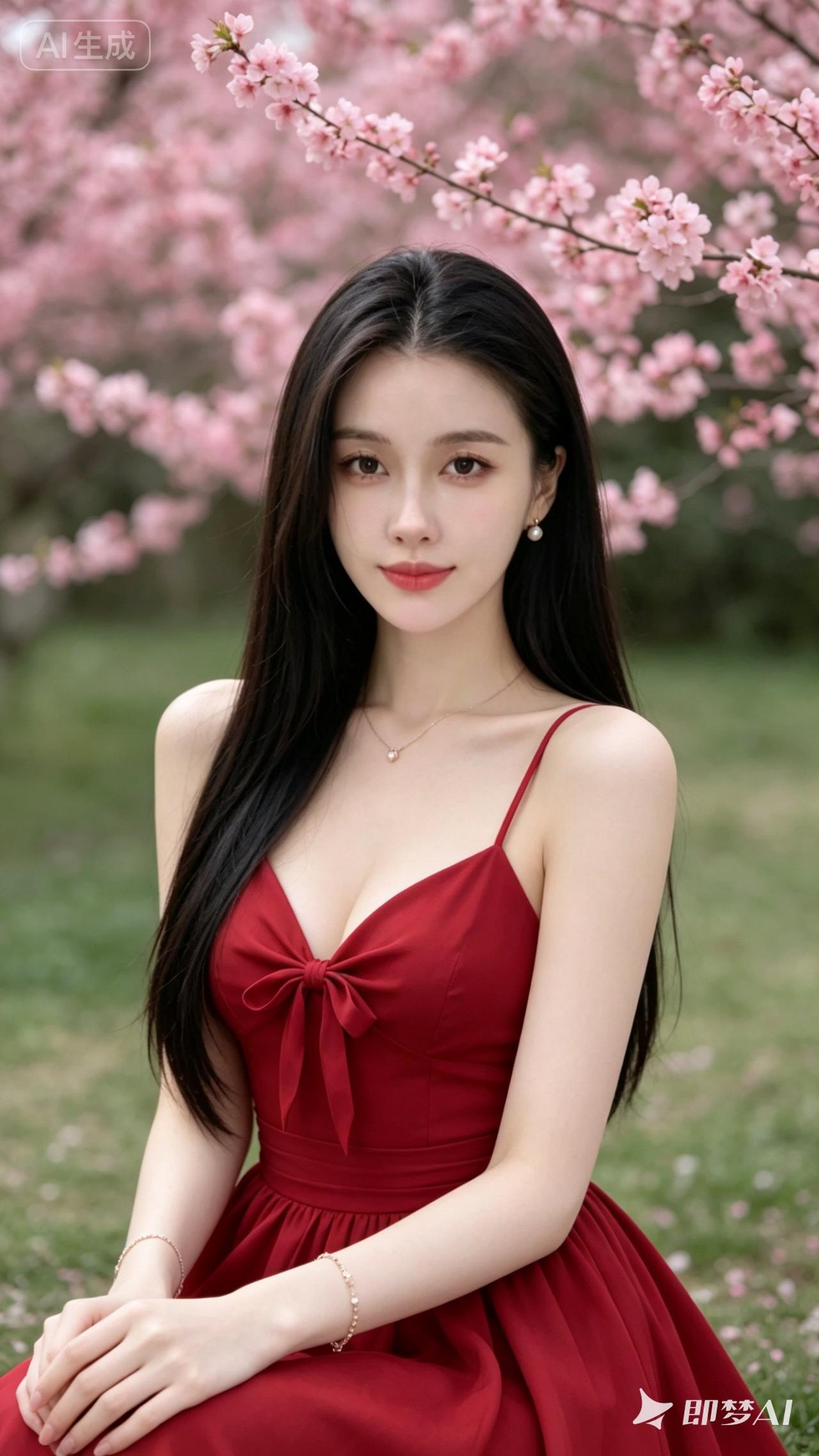 一个穿红裙子的美女坐在花丛中。