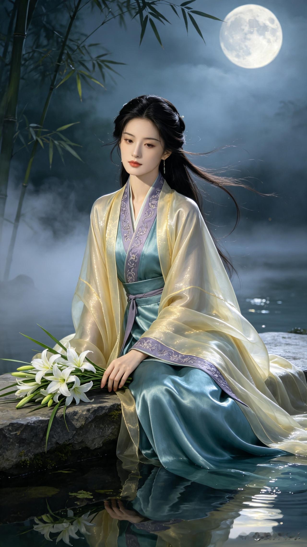 鹧鸪天·月夜幽兰

翠竹摇风夜气清，冰轮高挂照空明。
流金披帛笼寒玉，碧水涵虚浸