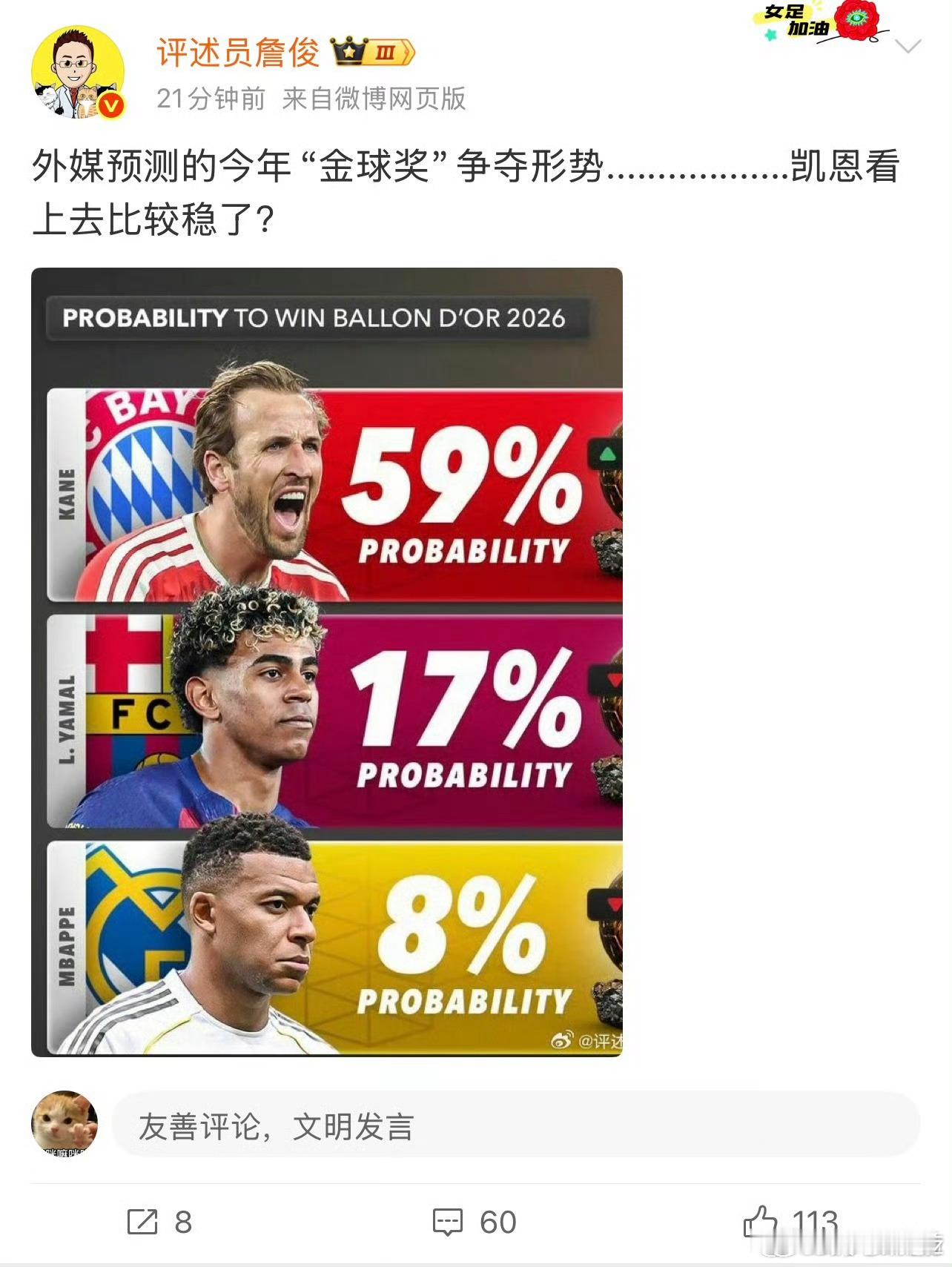 詹俊发文说凯恩金球奖稳了 詹俊金口！凯恩49%概率锁定金球，单赛季73球创梅罗后