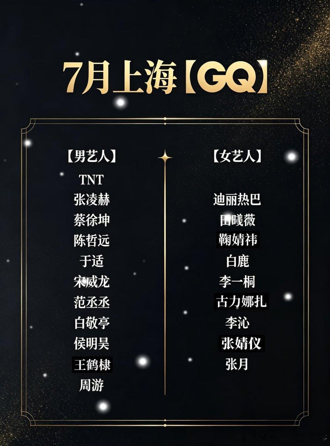 7月GQ盛典网传阵容：TNT 张凌赫 蔡徐坤 陈哲远 于适 宋威龙 迪丽热巴 田