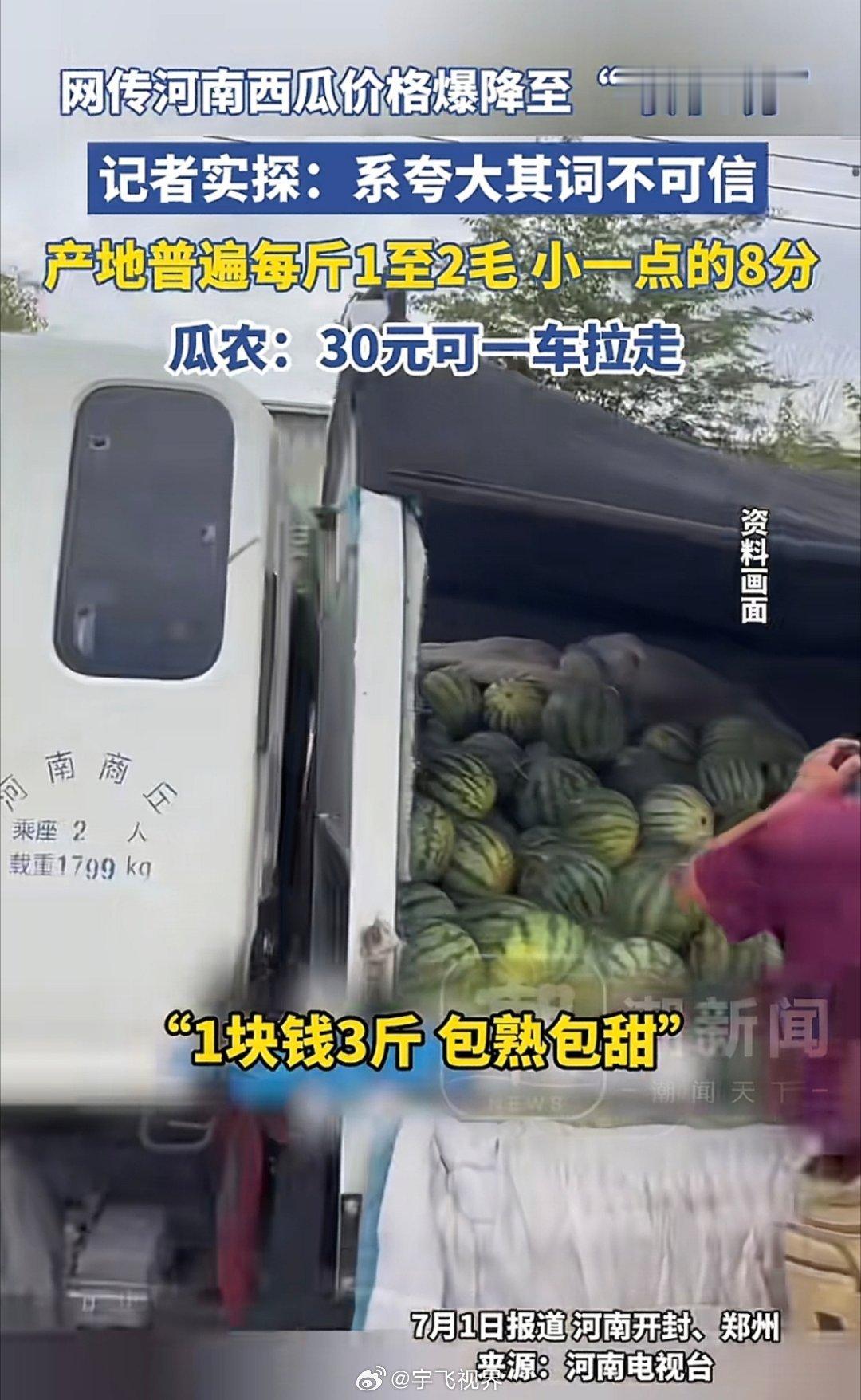 央视评河南西瓜价格暴跌好多东西就数河南的最便宜，前段时间是蒜苔，现在是西瓜，你开