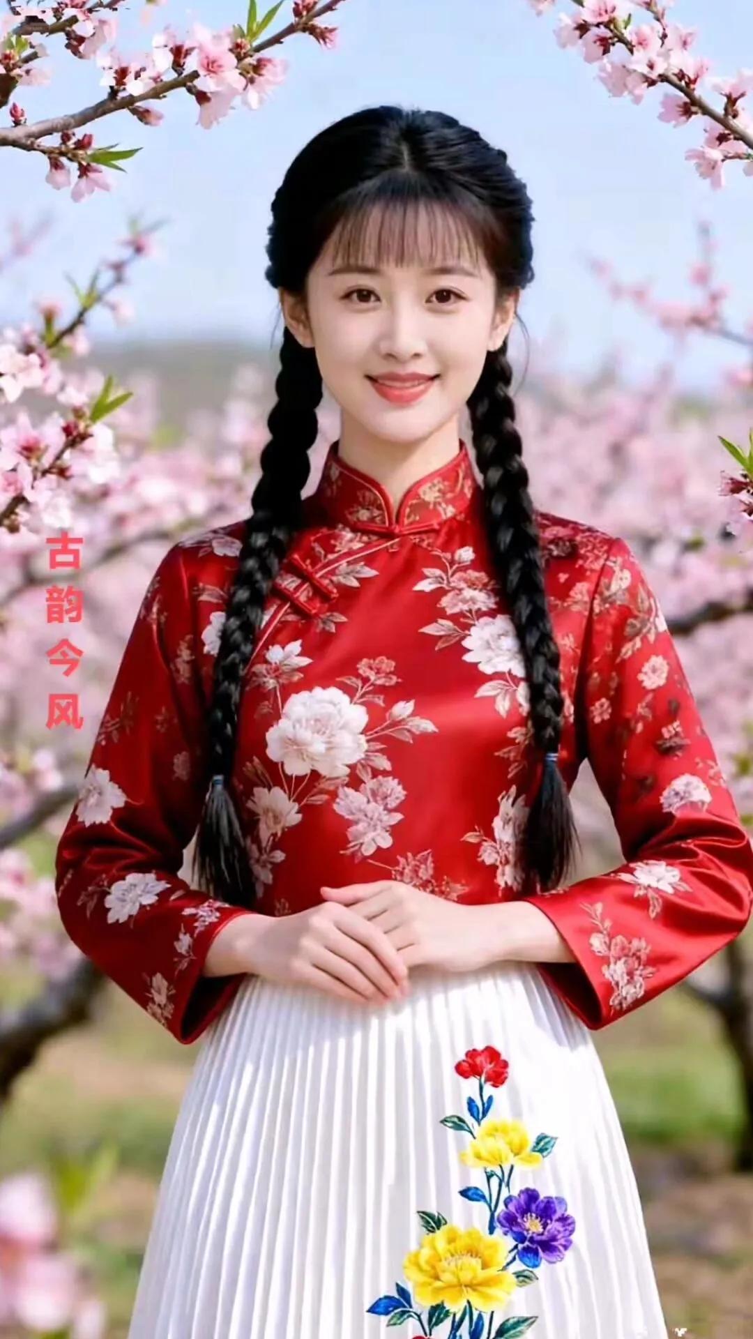 古韵今风，花间美人，红衣飘逸，春意盎然。