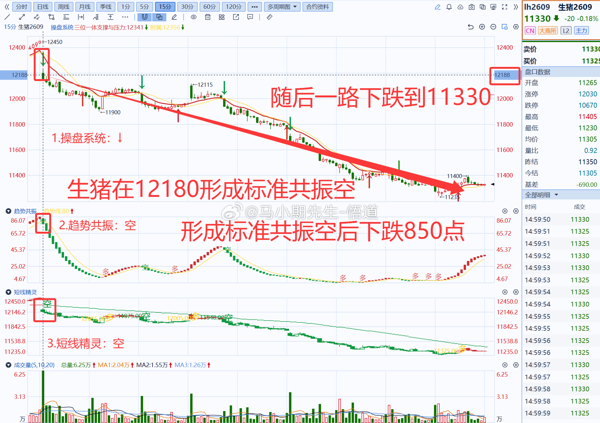 小马哥独研三位一体操盘信号系统：若使用操盘系统发现：生猪共振空后下跌850大点，