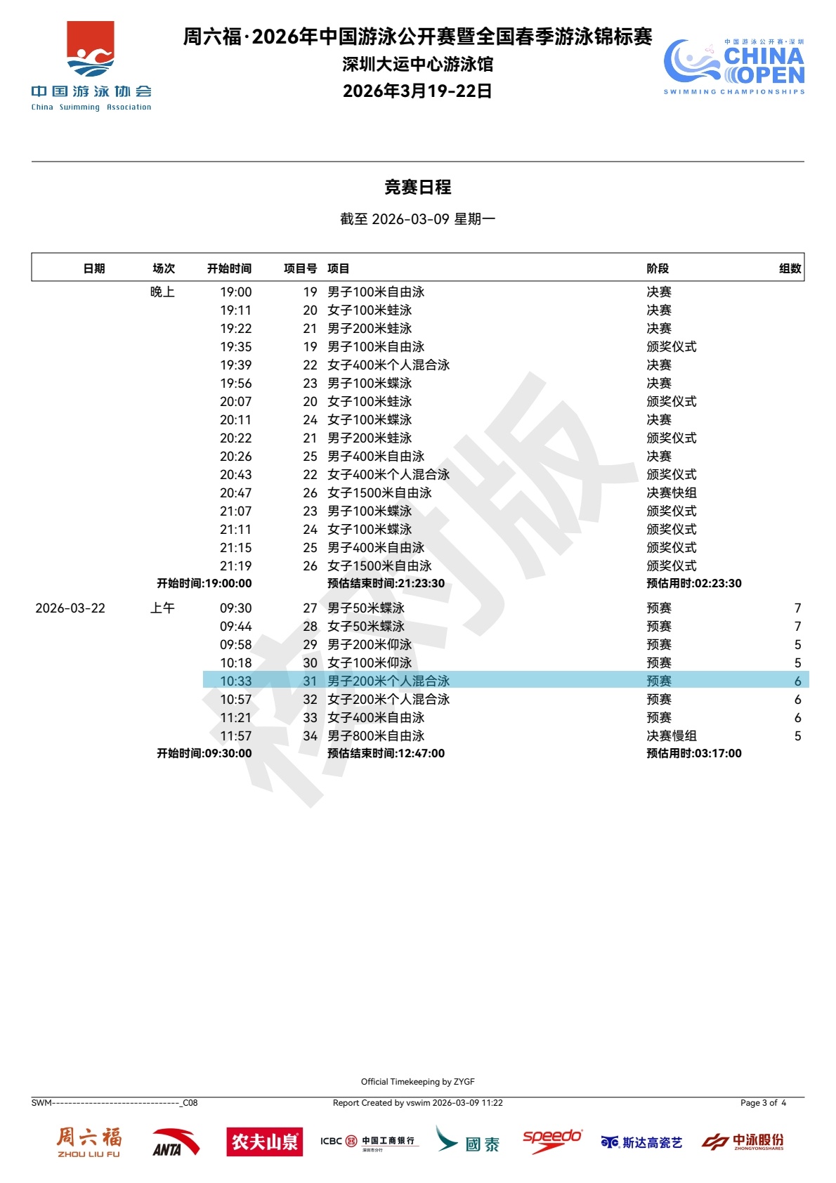 SWim进行时『9963』2026年中国游泳公开赛赛程时间表3.22🐰男子20
