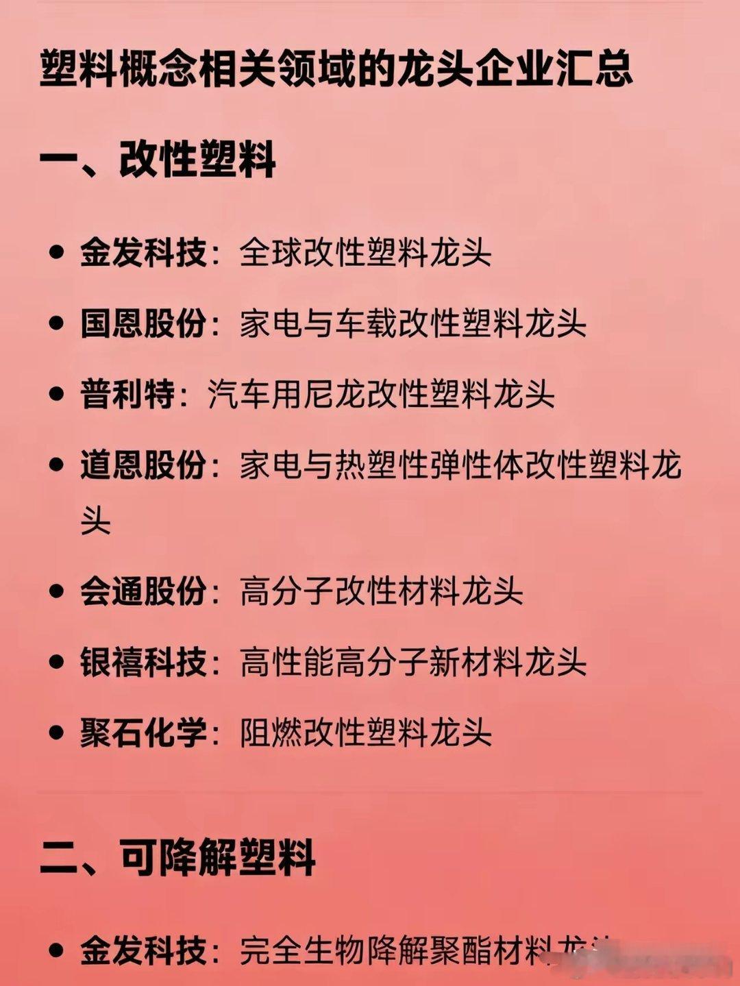 塑料产业链龙头股一、改性塑料金发科技、国恩股份、普利特、道恩股份、会通股份、银禧