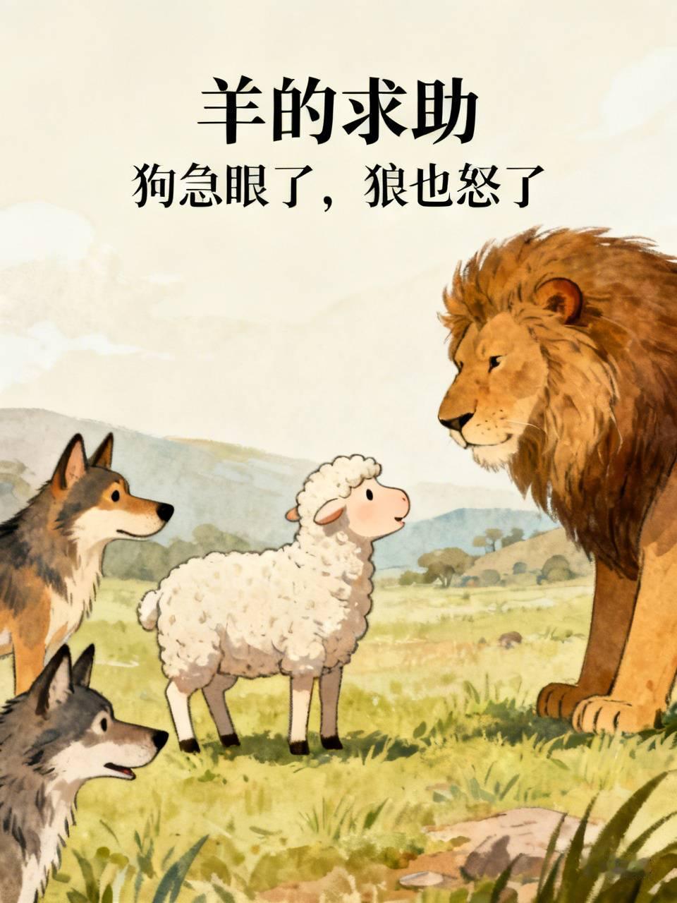 羊被狗欺负了，就去找狼评评理，结果狼紧闭双眼，充耳不闻，羊绝望了，只好去找狮子，