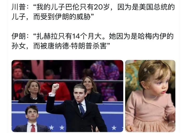 图一，某网友发了个推文，把美国炸死哈梅内伊14个月大的孙女，和伊朗威胁杀死特朗普