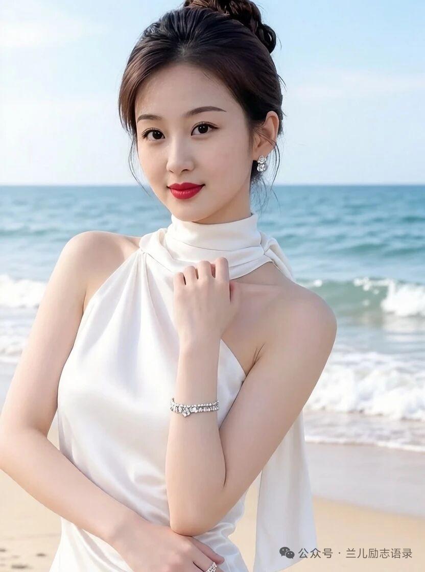 海风吹拂，美人如画，这样的场景总能让人沉醉。就像孔雪儿穿吊带纱裙在海边回眸，那被