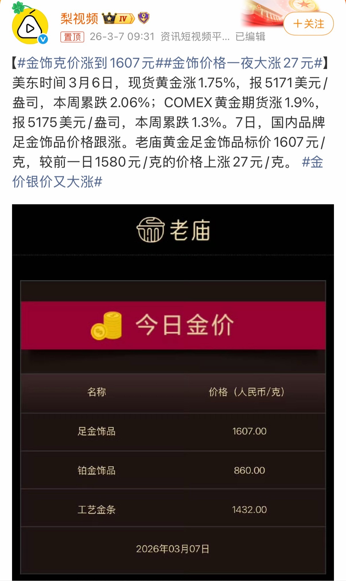 这个世界，这个价格，可想而知了。金饰克价涨到1607元