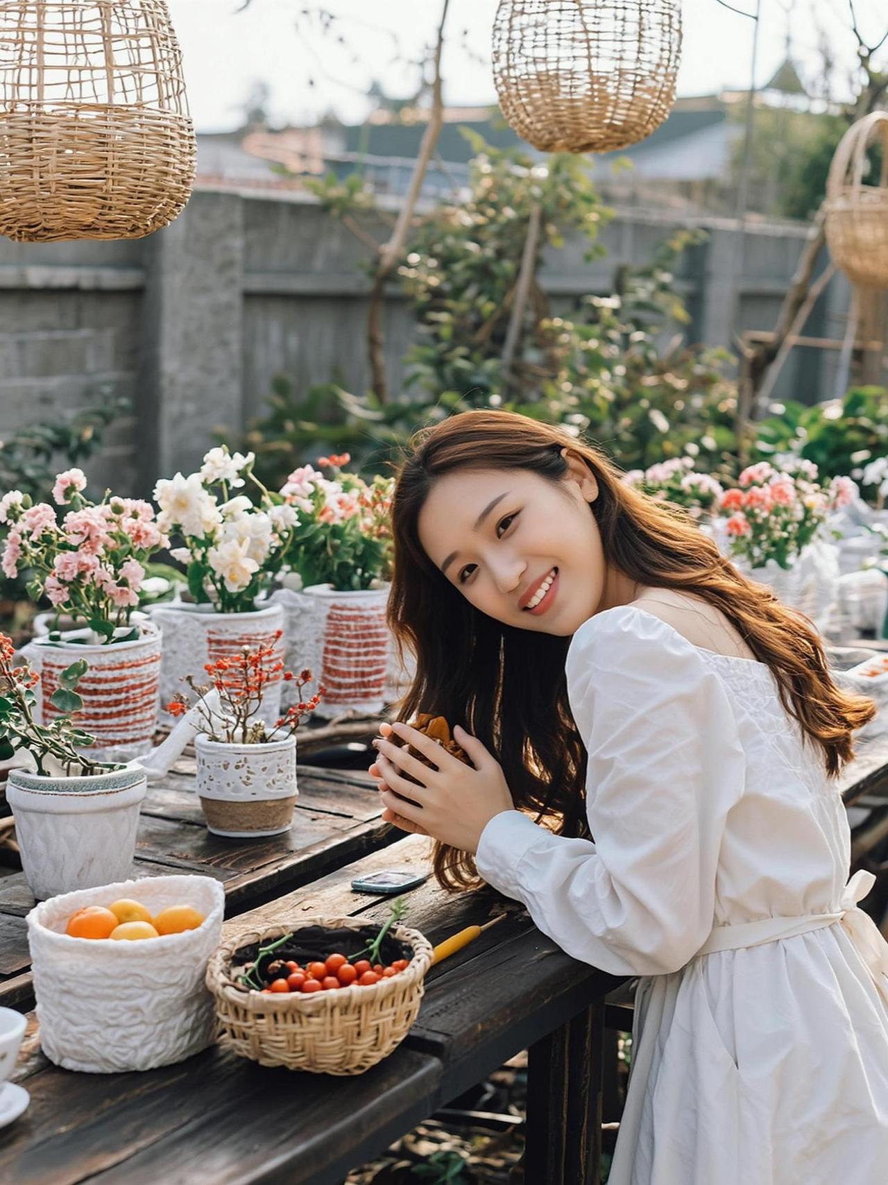 露台上的花在风里轻轻摇曳，像一封未寄出的情书。她坐在木桌旁，笑容比阳光更暖，手边