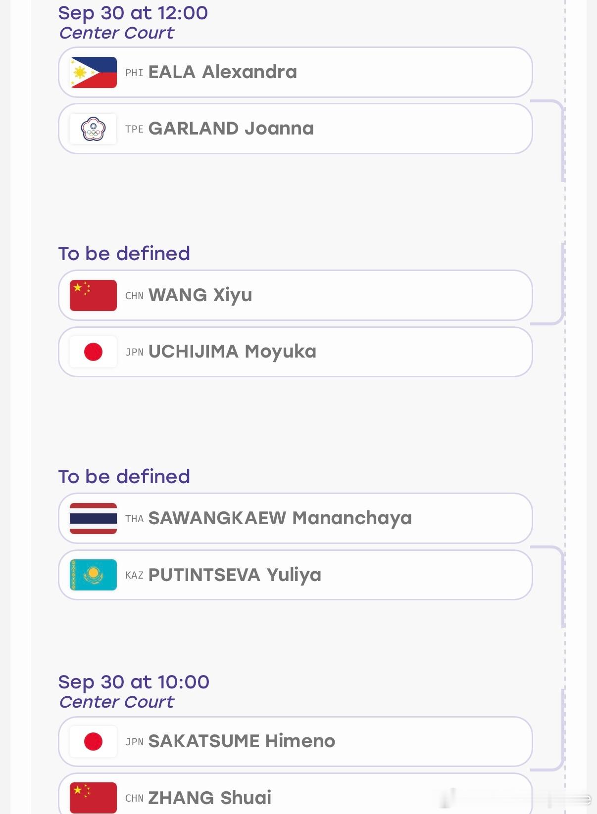 2026亚运会 女单八强出炉🇵🇭伊埃拉 vs葛兰🇨🇳王曦雨vs🇯🇵内
