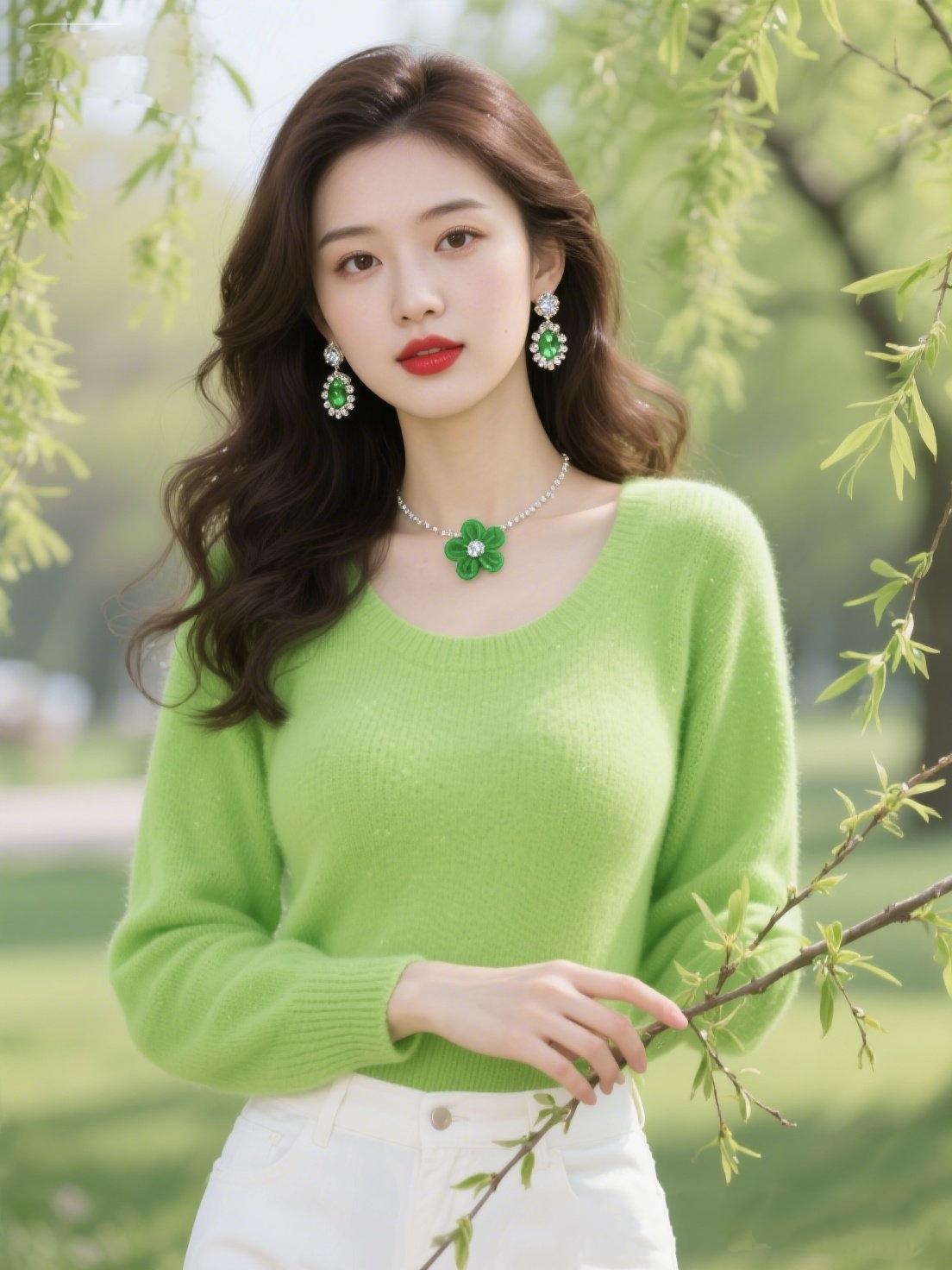 《春衫染绿》
 
柳丝垂落春的信笺，
风把新绿，织进了软绒的衫。
卷发漾开温柔的