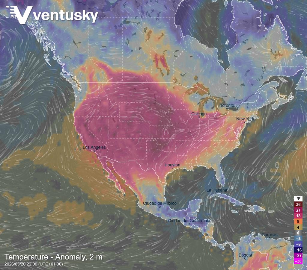 北美这张气温异常图，颜色选得真让人看不懂。一大片粉色，你根本分不清是比平均高27
