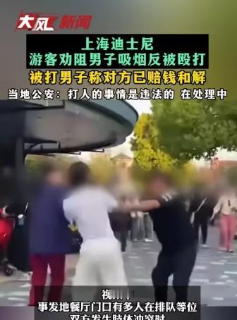 今年4月26日，在上海迪士尼小镇因劝阻吸烟而遭掌掴脚踢的24岁男子，在拿到打人者