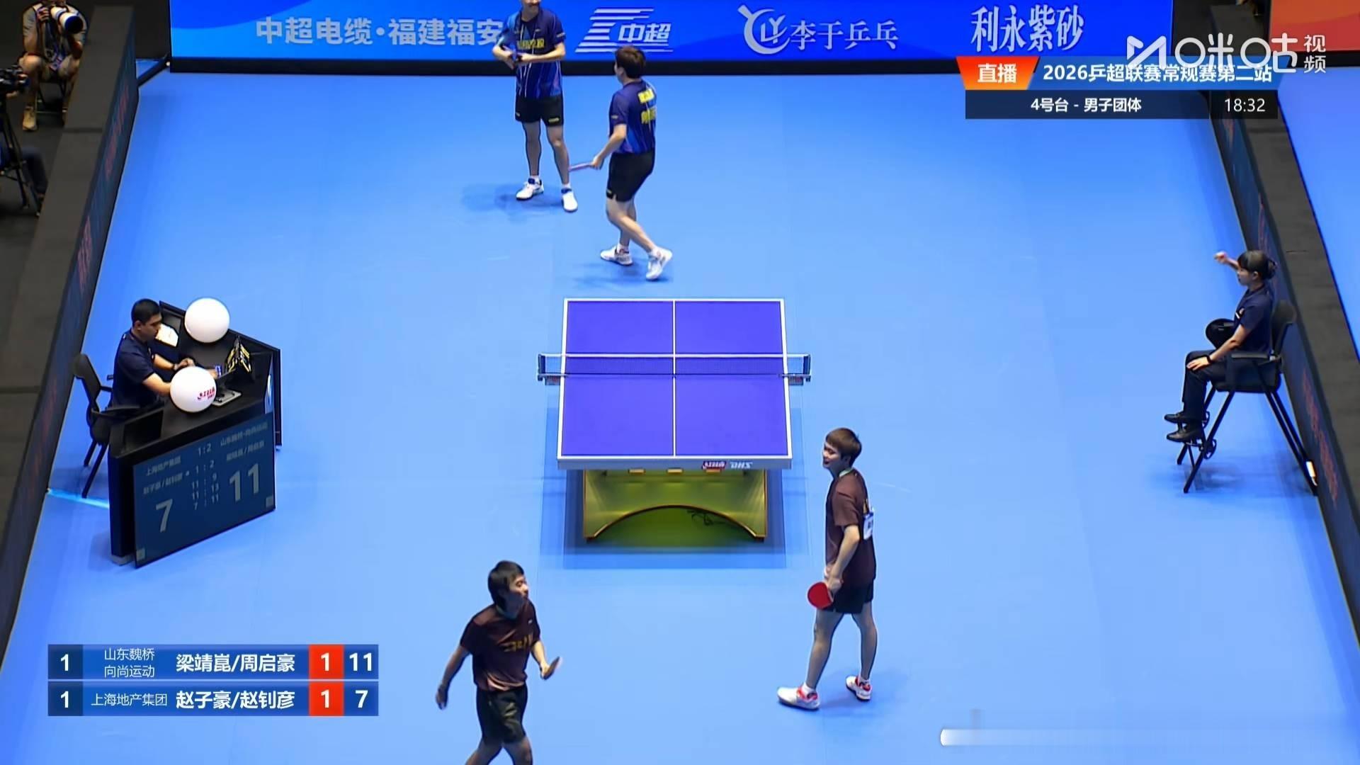 梁靖崑周启豪2比1赵子豪赵钊彦（-9，11，7）第二盘：于海洋VS孙正山东魏桥二
