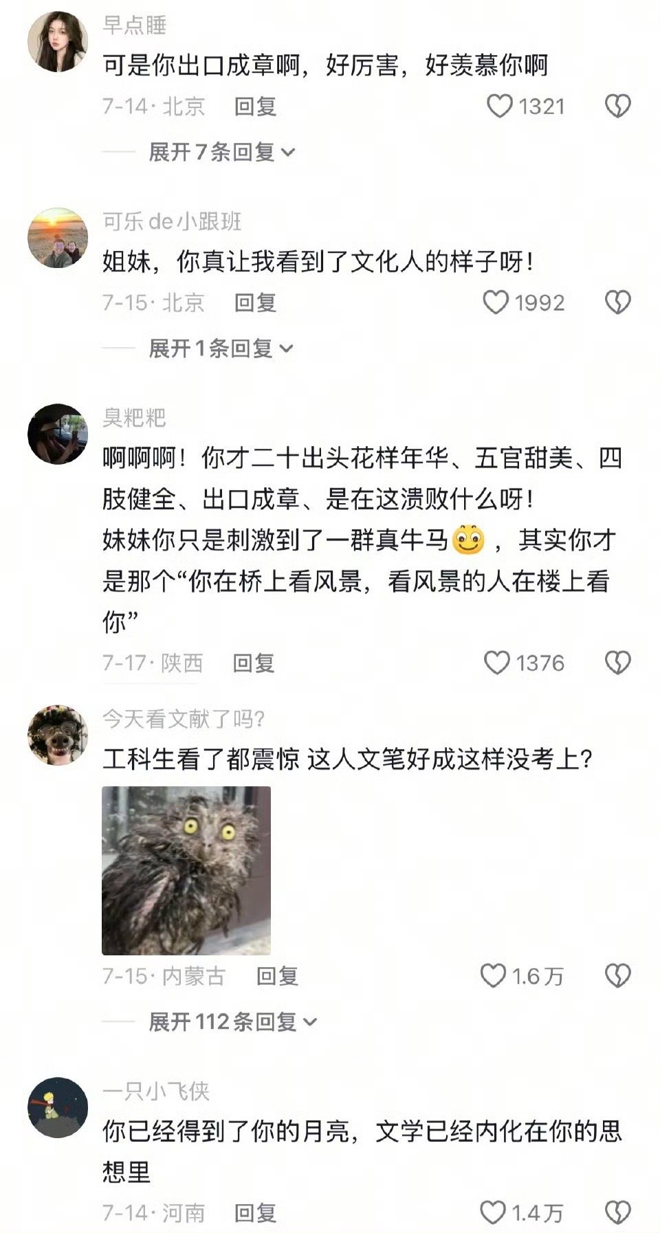 她的文学功底恐怕在我之上这文学功底恐怕在我之上啊 