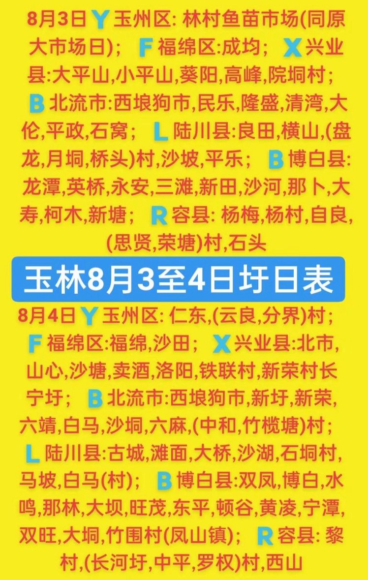 8.3-4 玉林乡镇赶集时间表玉林圩日     玉林